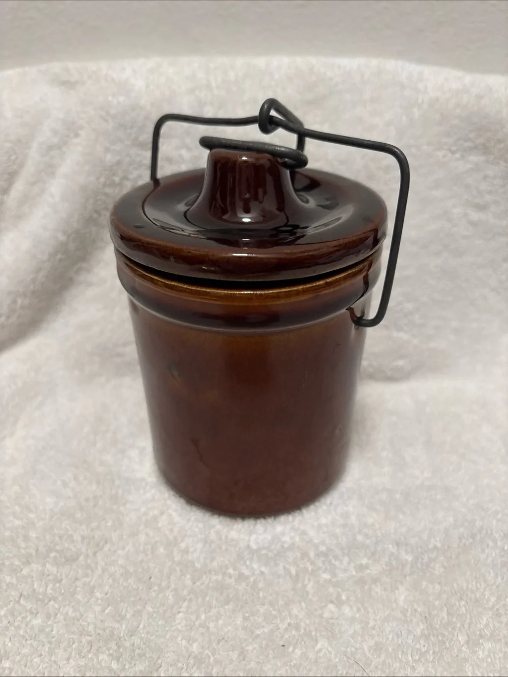 Vintage Brown Ceramic Crock Lidded Canister with Wire Handle - Kitchen Storage